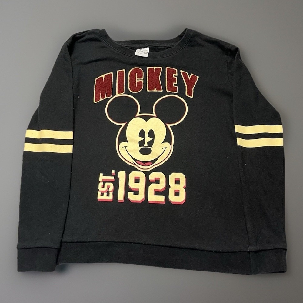 Disney Mickey Mouse Sweatshirt Womens L Black Chenille Varsity Stripe Est 1928